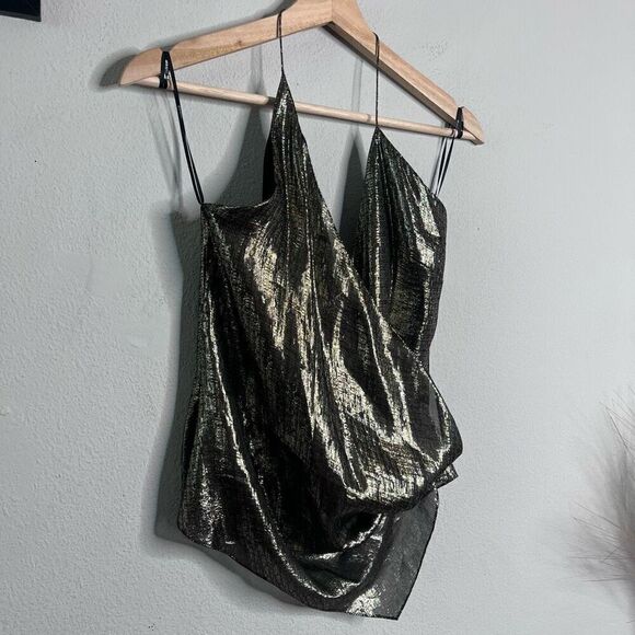CUSHNIE Blouse Metallic Cowl Neck Open Back Halter Top Silk Lurex in Gold Size 2 - Picture 3 of 10